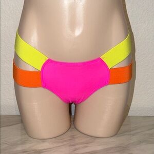 Tri Colored Neon Pink, Yellow, and Orange Strappy Bikini Bottom
